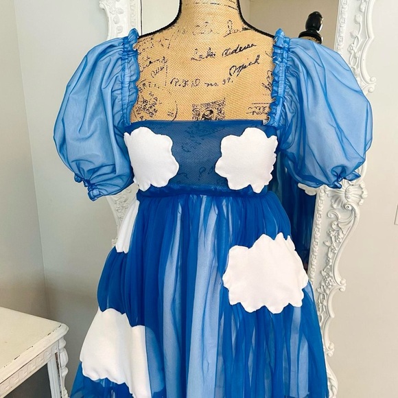 SALE New York Couture One of a Kind Blue CLOUDS Puff Sleeve Dress - Picture 2 of 5
